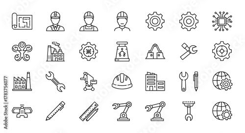 Modern thin line editable vector icons set representing engineering and technology concepts, including blueprints, engineers, factories, gears, robotic arms, wrenches, hard hats, and global industry