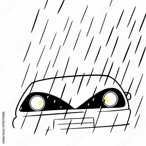 A close-up of a car’s headlights glowing in heavy rain.