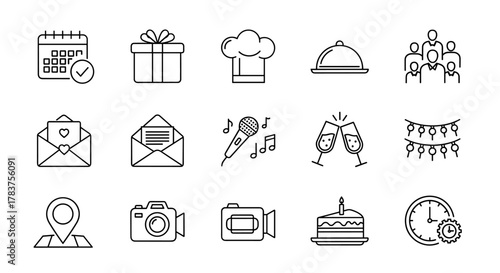 Event planning line icon set, including calendar with checkmark, gift box, chef hat, food cloche, group of people, love letter, open envelope, microphone with musical notes, champagne glasses, string