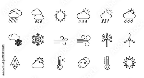 Meteorology line editable icon set featuring various weather conditions including overcast, sunny, rainy, snowy, windy, climate, and more, presented as simple, clean vector graphics for diverse