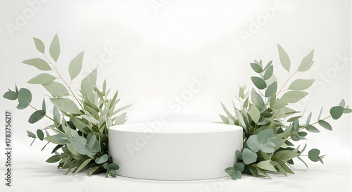 White Product Display Podium with Green Eucalyptus Leaves