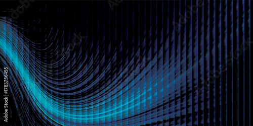 Vibrant abstract blue-green light wave flowing across dark digital data lines.