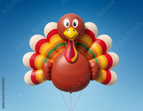 Festive turkey parade balloon isolated against a blue sky with copy space