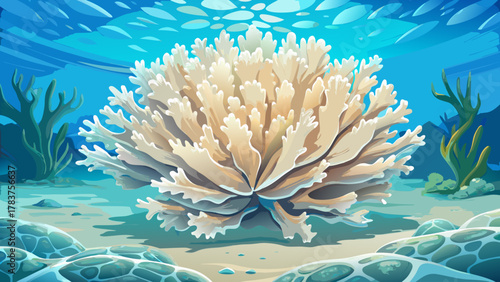 Very beautiful close-up of coral turning white due to ocean warming, showing detailed bleached coral structure beneath clear water, soft natural light, and a realistic environmental marine scene.