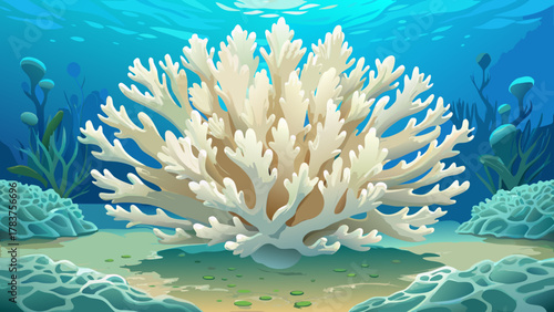 Very beautiful close-up of coral turning white due to ocean warming, showing detailed bleached coral structure beneath clear water, soft natural light, and a realistic environmental marine scene.