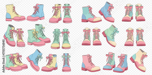 Collection of colorful cartoon boots with pastel two-tone designs and pink laces, displayed from multiple angles on a transparent background.