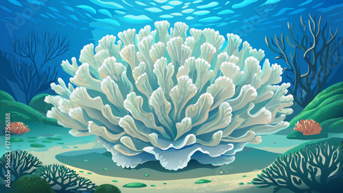 Very beautiful close-up of coral turning white due to ocean warming, showing detailed bleached coral structure beneath clear water, soft natural light, and a realistic environmental marine scene.
