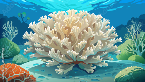 Very beautiful close-up of coral turning white due to ocean warming, showing detailed bleached coral structure beneath clear water, soft natural light, and a realistic environmental marine scene.