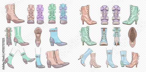 Collection of elegant vintage-style women's ankle boots and high-heeled shoes in pastel colors, featuring lace-up and buckle designs on a transparent background.
