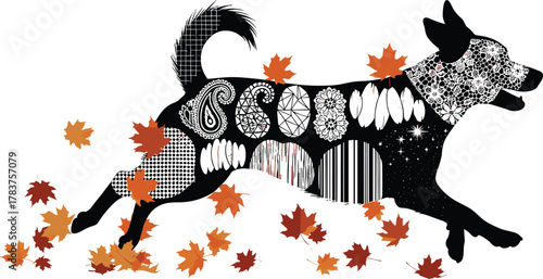 Flat vector patterned running dog silhouette, autumn leaves background, artistic pet motion, abstract texture design, seasonal animal illustration, dynamic pose