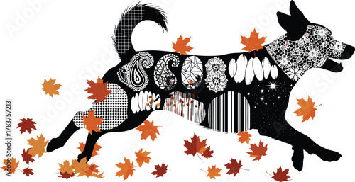 Flat vector patterned running dog silhouette, autumn leaves background, artistic pet motion, abstract texture design, seasonal animal illustration, dynamic pose