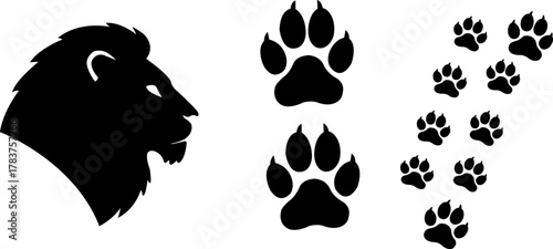 Silhouette of a lion head and paw prints