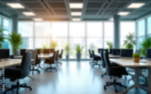 Blurred office interior background. Empty light open space office with big windows, many glasses walls, desks, chairs and green plants. Modern indoor business environment. High quality