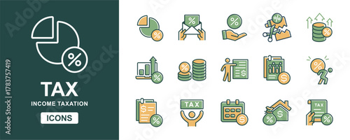 Income tax accounting icon line set. Financial earning taxation invoice, payment, money, return, report, vat rate, tax bill, business document percent signs vector illustration