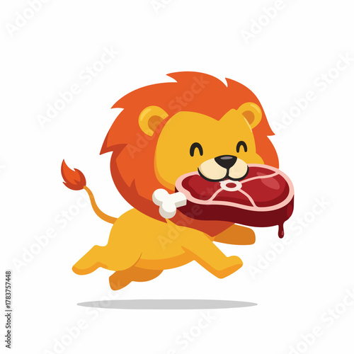 Cartoon Lion Running with a Big Steak in its Mouth, Playful and Fun Illustration