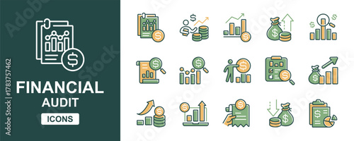 Accounting audit icon line set. Financial report inspection profit invoice review, earning analysis magnifier, business success management auditor signs vector illustration