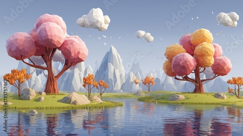 Low Poly Landscape with Colorful Trees, Mountains, and Reflective Water