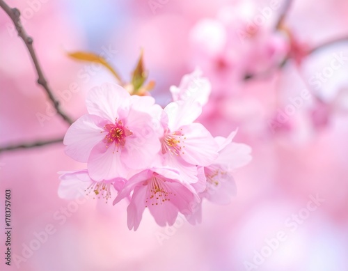 Delicate close-up of soft pink cherry blossoms in full bloom, soft focus background