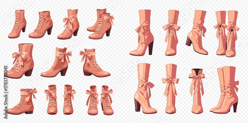 Collection of elegant pink women's boots with laces and bows, shown from multiple angles and styles on a transparent background.