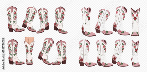 Collection of white cowboy boots with pink floral embroidery from various angles.