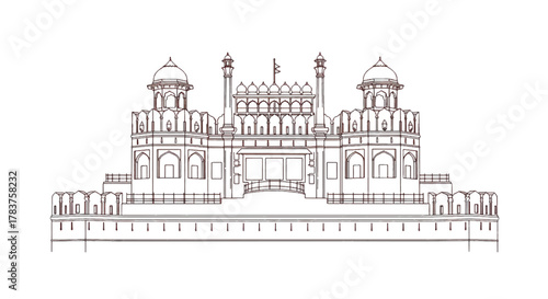 A detailed line art illustration of a historical fort with domes and intricate architectural details, showcasing traditional design.