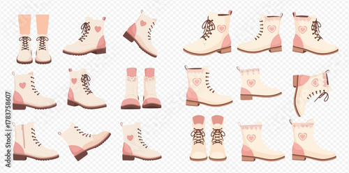 Collection of cute cream and pink lace-up boots with heart details, shown from various angles on a transparent background.
