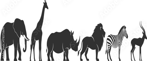 African wildlife silhouettes including elephant, giraffe, rhinoceros, lion, zebra, antelope, minimal vector design for logo, branding, educational illustration
