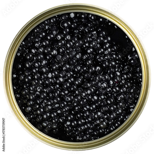 Black caviar in an open tin can, representing a rare delicacy, upscale dining, and exclusive gourmet food