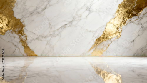 Luxurious marble wall with gold accents, showcasing stunning blend of white and gold tones. polished surface reflects light beautifully, creating elegant atmosphere