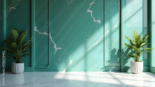 Serene interior scene featuring vibrant teal wall with elegant white marbling, complemented by two lush green potted plants. sunlight casts soft shadows, creating tranquil atmosphere