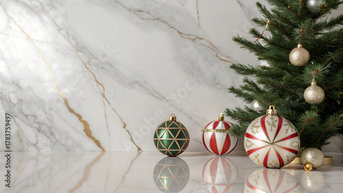 Elegant Christmas decorations featuring beautifully adorned tree and colorful ornaments on marble surface create festive atmosphere. shiny baubles reflect light, enhancing holiday spirit