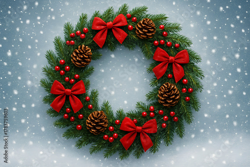 Festive Christmas wreath adorned with red bows, pine cones, and berries, set against snowy background, evokes warm holiday spirit