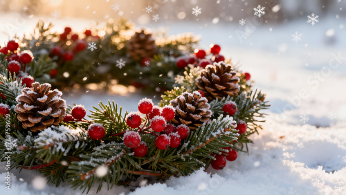 Beautiful Christmas wreath adorned with pinecones and red berries rests on snowy ground, surrounded by softly falling snowflakes, creating serene winter atmosphere