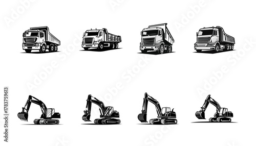 Black and white illustration set with trucks and excavators, perfect for construction themes