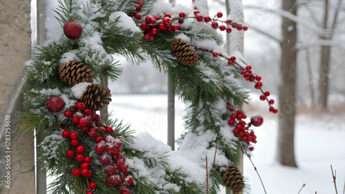 Beautiful winter wreath adorned with red berries, pine cones, and evergreen foliage, covered in fresh snow, evokes cozy holiday atmosphere in serene snowy landscape