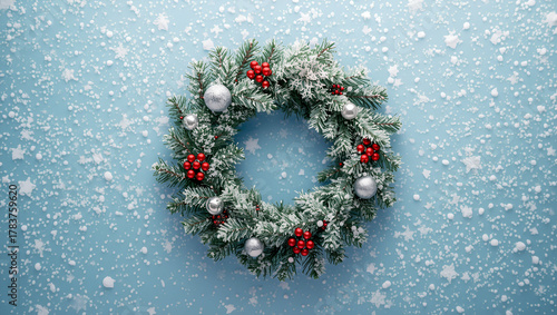 Festive Christmas wreath adorned with red berries and silver ornaments, set against light blue background with falling snowflakes, evokes joyful holiday spirit