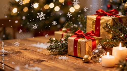 Festive Christmas scene featuring beautifully wrapped gifts with red ribbons, surrounded by pine branches, candles, and soft snowflakes. warm glow of lights creates cozy atmosphere