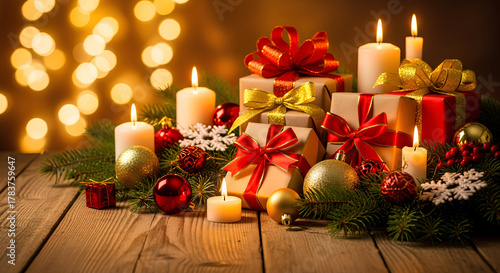 Festive decorations create warm and inviting atmosphere with beautifully wrapped gifts, candles, and ornaments. scene captures joy and spirit of holiday season