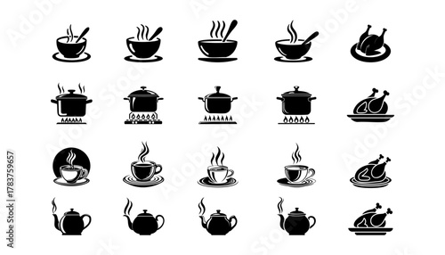 Black and white food and drink icons arranged in rows