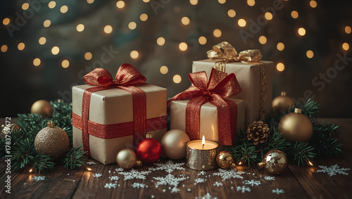 Beautifully wrapped gifts with red and gold ribbons are arranged on wooden table, surrounded by festive ornaments and lit candle, creating warm holiday atmosphere