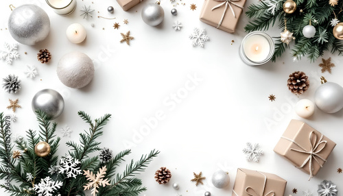 Elegant Christmas decorations create festive atmosphere with silver and gold ornaments, wrapped gifts, pinecones, and candles, perfect for holiday celebrations