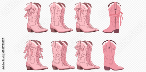 Collection of various pink cowboy boots with different designs and bows, showcasing western fashion footwear.