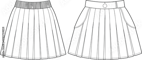 Fashion sketch of pleated skirts, technical drawing, elastic waistband, button closure, side pockets, garment design, apparel illustration, sewing pattern, clothing concept, textile art
