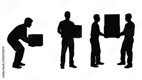 People lifting and carrying boxes silhouettes isolated on white background, Vector