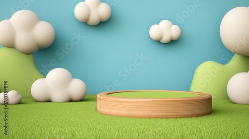 Fototapeta Naklejka Na Ścianę i Meble -  3D Rendered Display Platform with Clouds and Hills for Product Showcase