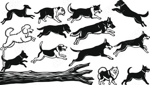 Flat vector running and jumping dogs, various breed silhouettes, dynamic pet motion, energetic canine poses, leaping over log, action illustration