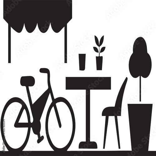 Flat Style Cozy Coffee Shop Street Scene with Chairs, Tables, and Green Plants – Modern Urban Illustration