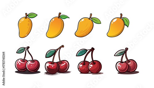 Eight cartoon fruits on a white background mangoes and cherries