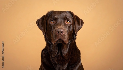 Wet Chocolate Labrador Portrait Against a Warm Beige Background Looking at the Camera with Curiosity and Water Droplets on Fur Studio Shot