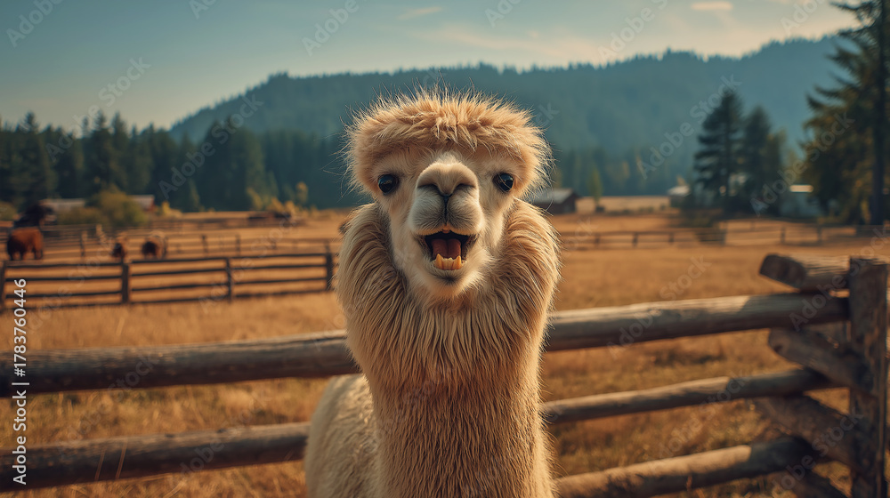 Obraz premium Alpaca with fluffy fur stands at a wooden fence in a sunlit pasture. Golden hour light adds warmth to the scene.